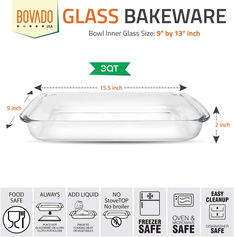 9x13 Glass Baking Dish with Lid - Borosilicate Glass 3 Qt Capacity