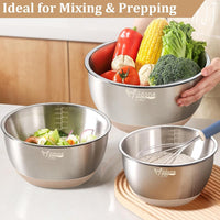 Wildone Mixing Bowls with Airtight Lids, 27 PCS Stainless Steel Nesting Bowls, with 3 Grater Attachments, Scale Mark & Non-Slip Bottom, Size 5, 4, 3, 2, 1.5, 1, 0.63QT, Ideal for Mixing & Prepping
