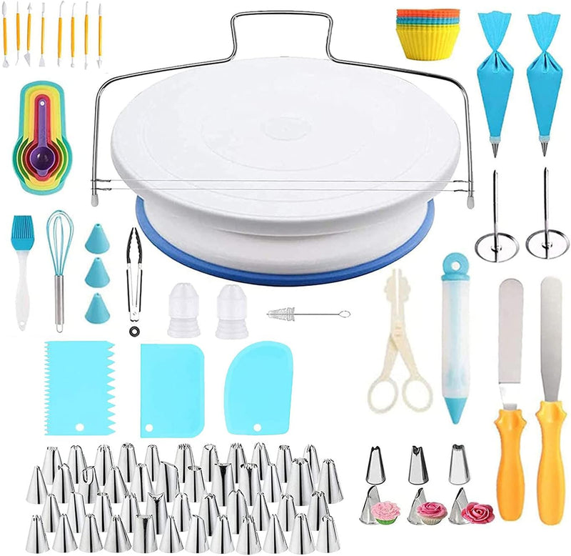 105-Piece Cake Decorating Kit - Aluminium Rotating Turntable Decorating Comb Icing Smoother 2 Spatulas Sided  Angled