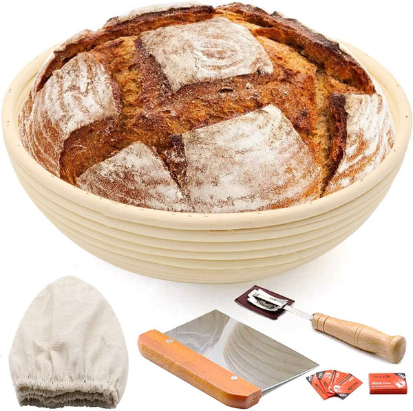 Symbols10 Round Bread Banneton Proofing Basket Kit with Liner and Accessories - Perfect for Sourdough Artisan Breads