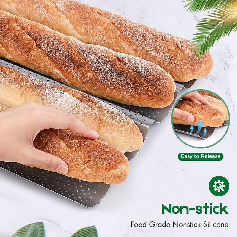 AMAGABELI Nonstick Baguette Pan for French Bread Baking - 15 x 13 Perforated Mold with 4 Gutter Oven Toaster Cloche Silver