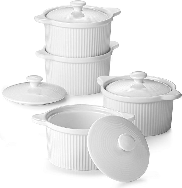 cDOWAN Porcelain Ramekins with Lids and Handles - Set of 4 7oz - Baking and Serving White