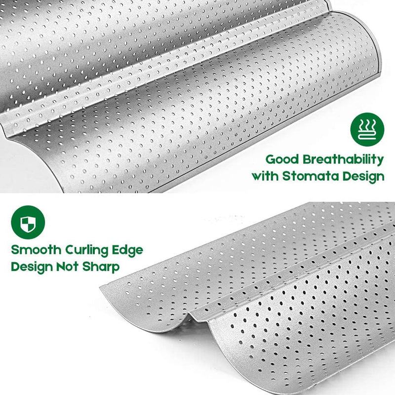 AMAGABELI Nonstick Baguette Pan for French Bread Baking - 15 x 13 Perforated Mold with 4 Gutter Oven Toaster Cloche Silver