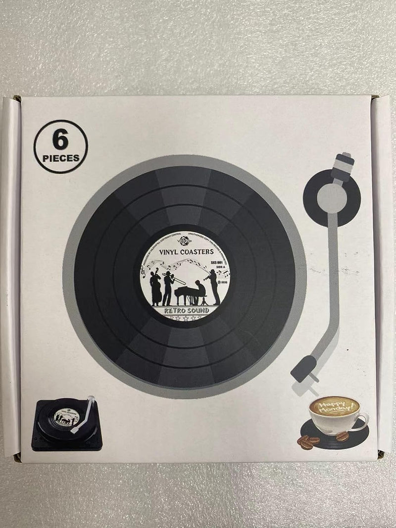 Funny Retro Vinyl Record Coasters with Player and Unique Labels - Valdivia 6 Piece Set for Music Lovers Home Decor and Gifts