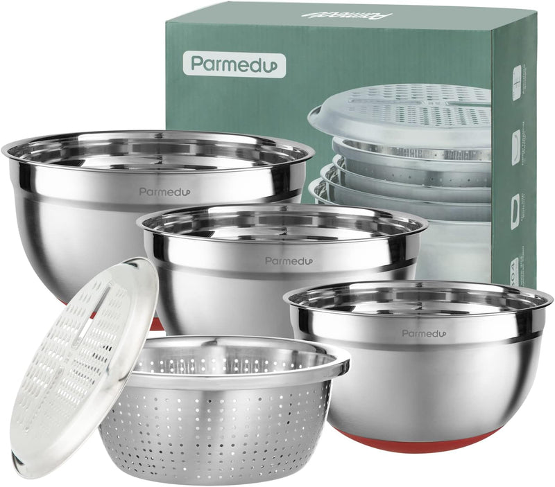 Parmedu 5-in-1 Stainless Steel Mixing Bowl Set with Colander  Grater Size 4QT 3QT 25QT - Model CK001