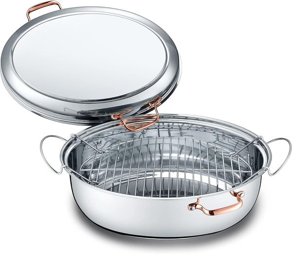 Premium Stainless Steel Roasting Pan - Oval Turkey Roaster with Lid and Rack 12QT