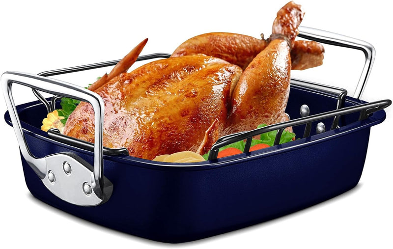 HONGBAKE Nonstick Turkey Roasting Pan with Rack 17x13 - for Large Turkey  Chicken Heavy Duty Dark Grey