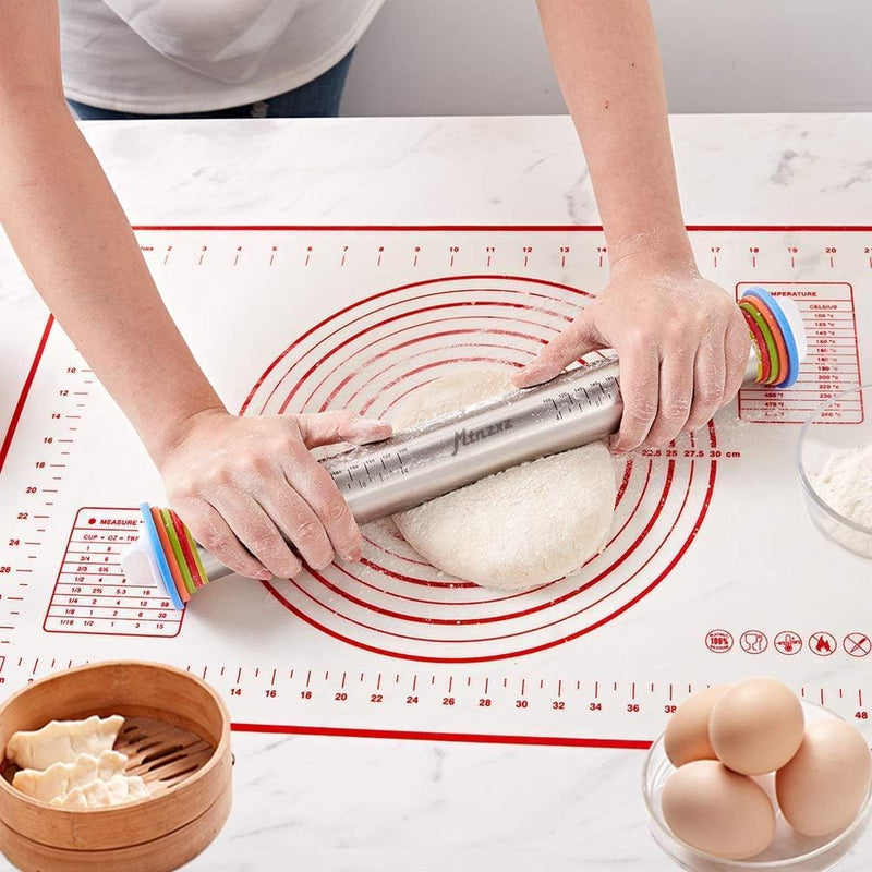 Rolling Pin  Silicone Baking Mat Set - Stainless Steel Dough Roller wAdjustable Thickness Rings - for Pizza Pie Pastries Pasta Cookies