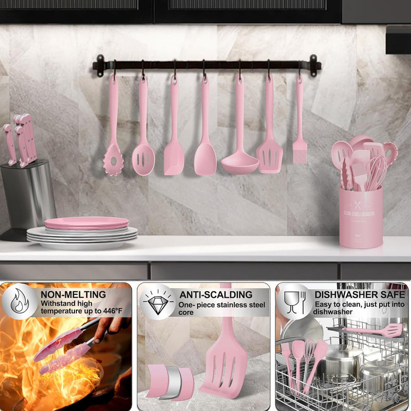 22Pcs Silicone Cooking Utensils Set with Holder - Heat Resistant Pink Kitchen Spatulas - Nonstick Cookware Gadgets