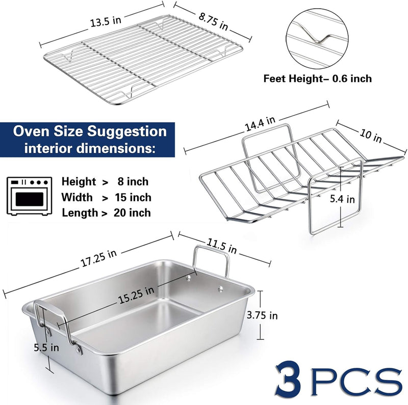 Rectangular Roasting Pan with Racks - Stainless Steel 3-Piece Set