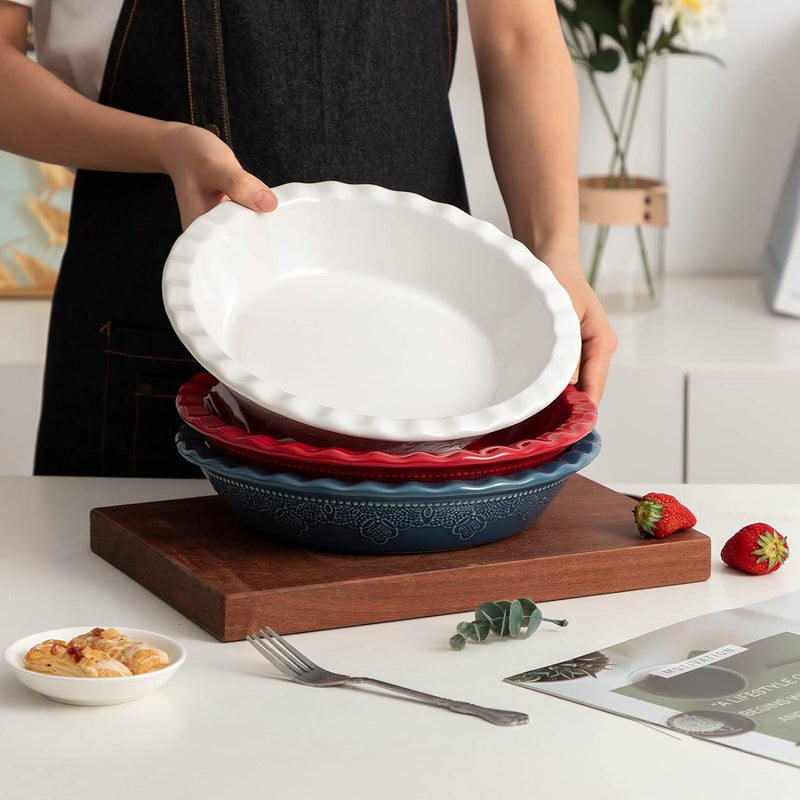 Ceramic Deep Dish Pie Pan with Lace Emboss - Grayish Blue