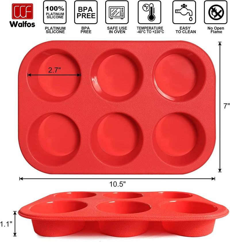 Walfos Silicone Muffin Pan - 6 Cup Non-Stick Baking Cups 2 Pack