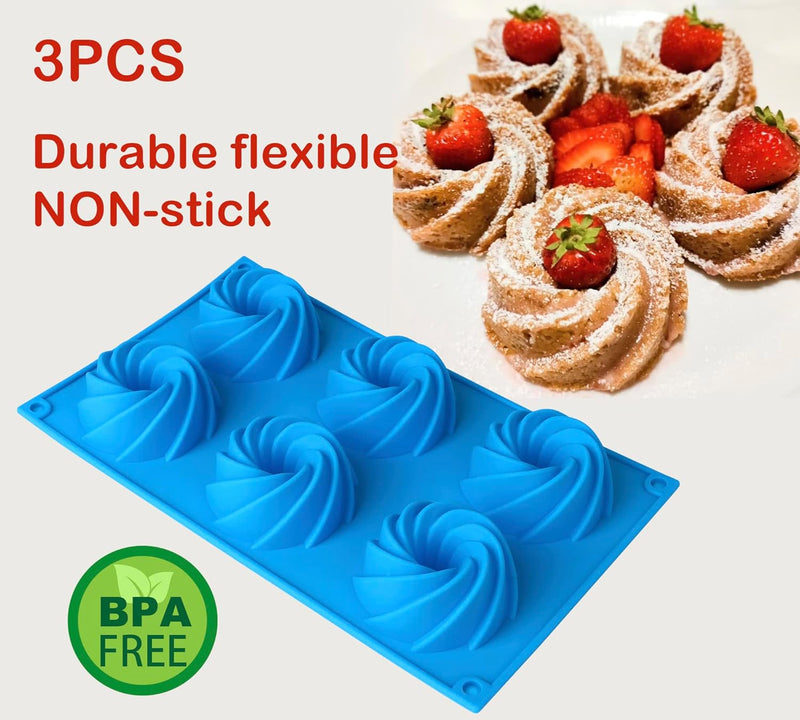 3PCS Mini Bundt Cake Pan Non-Stick Silicone Mold for Fluted Tube Cakes