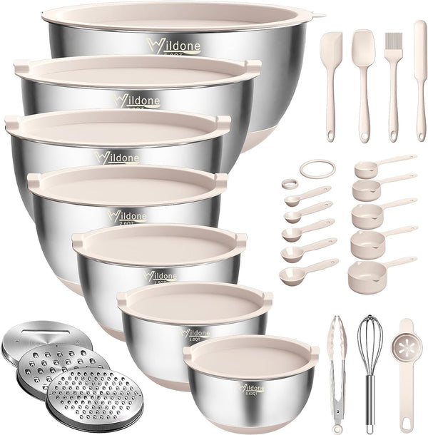 27-Piece Stainless Steel Mixing Bowls Set with Airtight Lids and Grater Attachments - Non-Slip Bottom Ideal for Mixing and Prepping Sizes 063QT-5