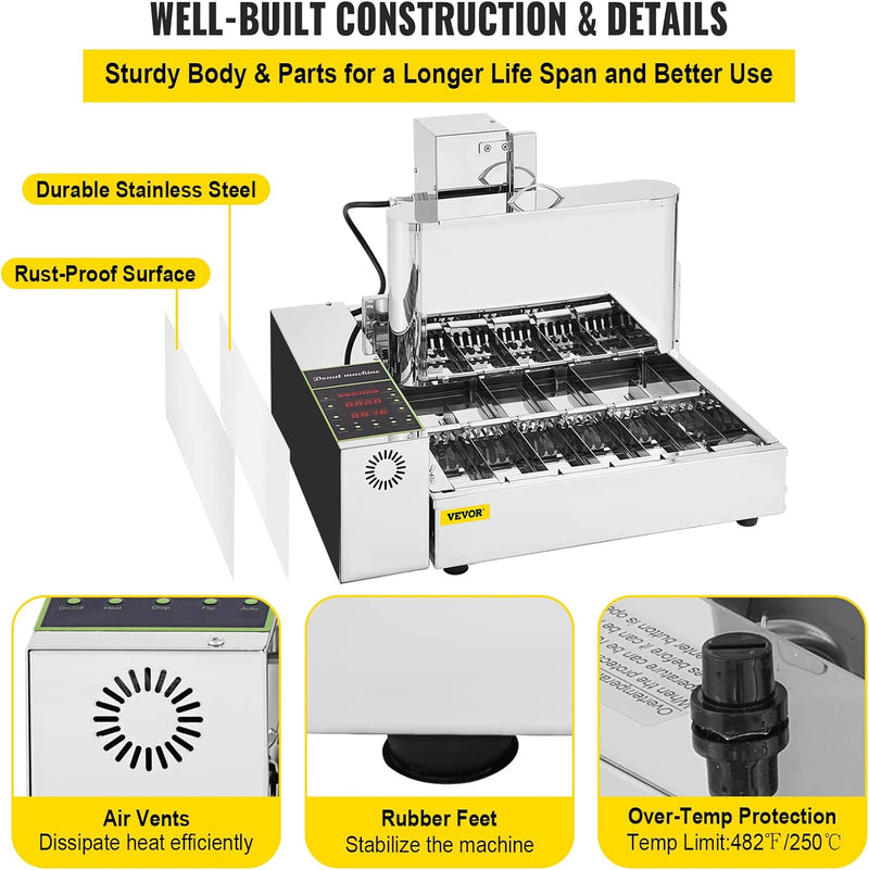 Commercial Donut Making Machine with 7L Hopper and 3 Sizes Molds 304 Stainless Steel Auto Fryer