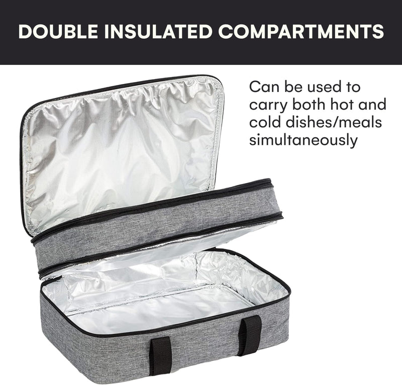 Double Casserole Travel Bag - Insulated Food Carrier for HotCold Dishes Heather Gray