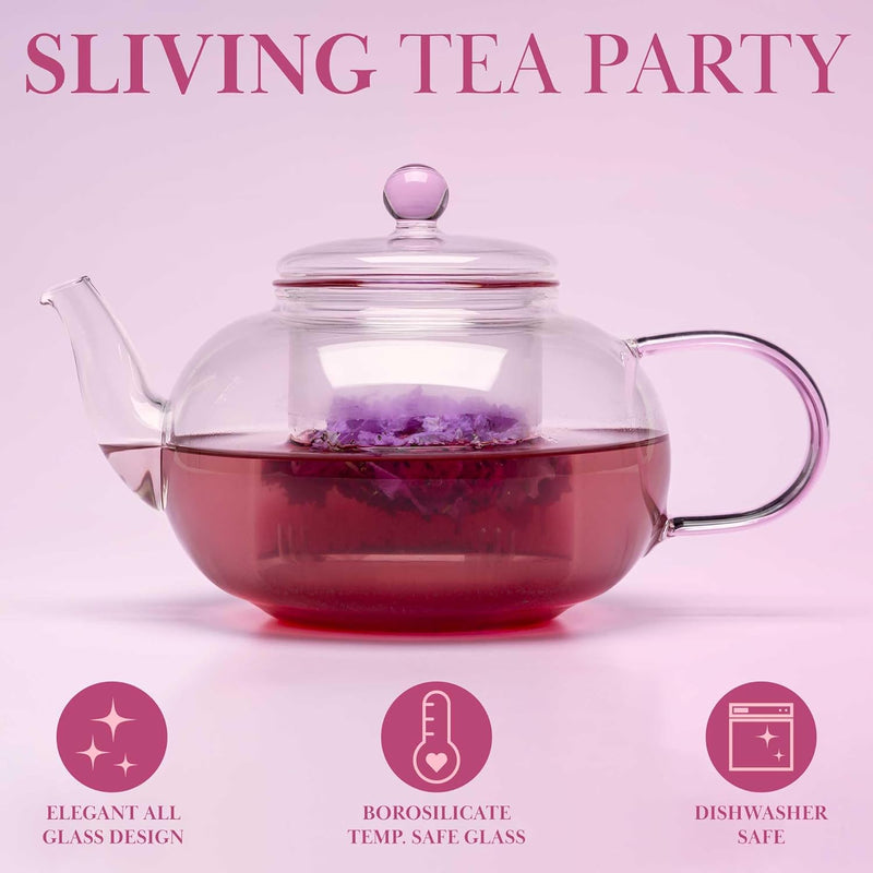 40oz Paris Hilton Glass Teapot with Removable Tea Infuser Filter - Temperature Safe - Perfect Pour Spout - Pink