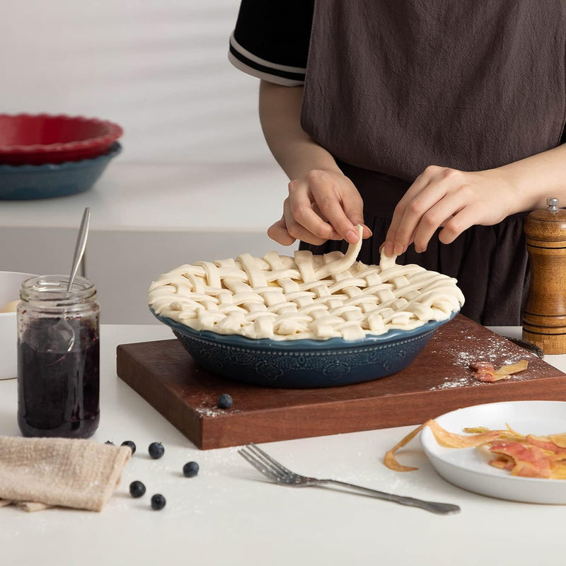 Ceramic Deep Dish Pie Pan with Lace Emboss - Grayish Blue