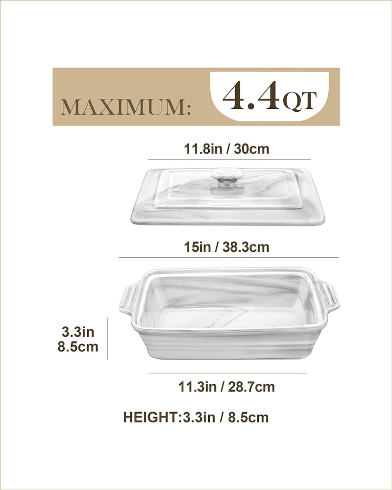 MALACASA Ceramic Covered Casserole Dish Set - 34 Quart Baking Dish  Lid - Microwave Oven Dishwasher Safe - 12 x 89 x 3 inch - Mothers Day Gift