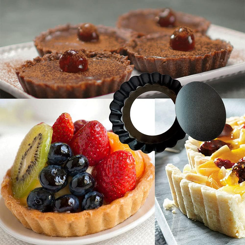 The product title is 8 Pack DATANYA 4 Inch Mini Tart Pans with Removable Bottom - Nonstick Quiche Pan for Dessert Baking