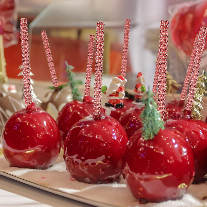 Bling Candy Apple Bamboo Sticks - 32 PCS Wooden Skewers with Rhinestone Diamond Mesh Wrap for Fruit Treats and Dessert Table Silver