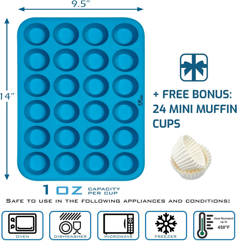 Silicone Muffin Pan and Mini Cupcake Baking Set - 12  24 Cup - Non Stick Tin with Free Recipe eBook  Cups