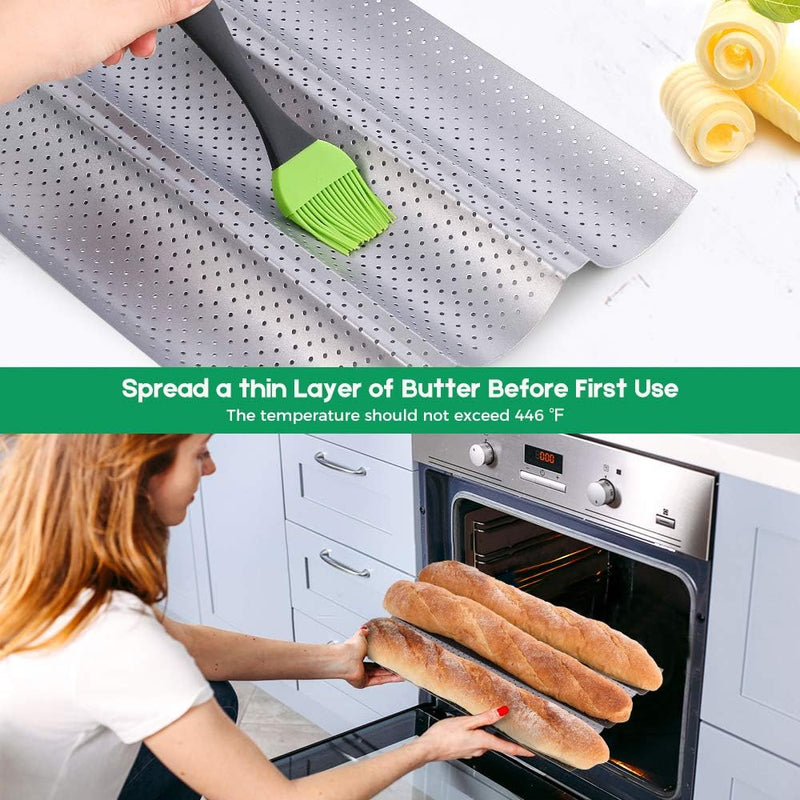 AMAGABELI Nonstick Baguette Pan for French Bread Baking - 15 x 13 Perforated Mold with 4 Gutter Oven Toaster Cloche Silver