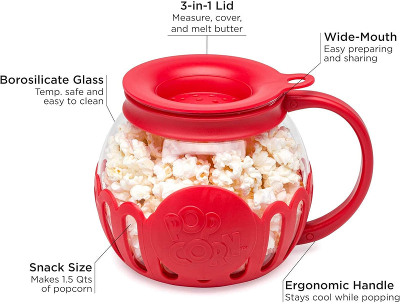 Ecolution Micro-Pop Microwave Popcorn Popper - Temperature Safe with 3-in-1 Lid BPA-Free Dishwasher Safe 15-Quart Pink