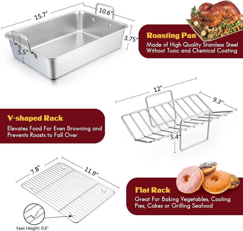 Stainless Steel Roasting Pan 14 Inch Turkey Roaster with Rack  Baking Set Dishwasher Safe