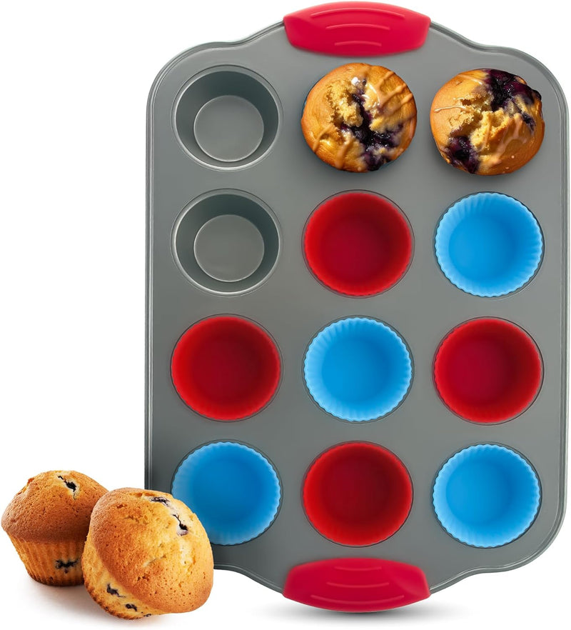 Non-Stick Silicone Muffin Pan - 12 Cups with Steel Frame - BPA Free  Non-Toxic