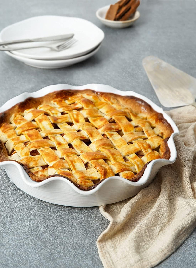 Ceramic Deep Dish Pie Pans - Set of 2 White with Ruffled Edge