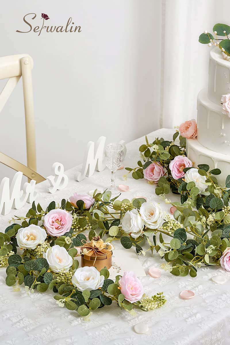 2-Piece Artificial Floral Garlands for Wedding and Party Decor - Pink and White Roses with Seeded Eucalyptus - 13FT