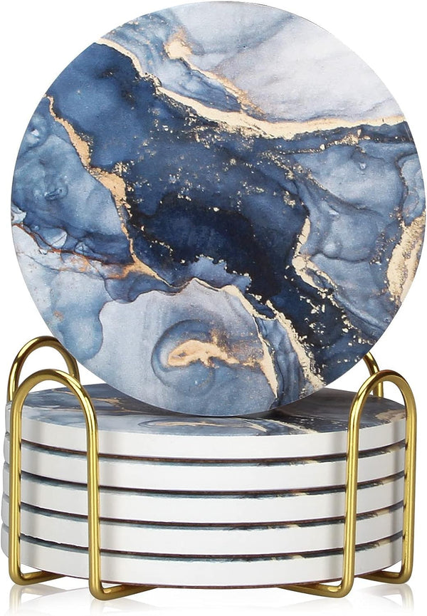 6 Pc Navy Blue Marble Coaster Set with Holder - Absorbent and Decorative Round Coasters for Drinks Coffee Wine and Beer - Ceramic Table Coasters for Home and Bar Use