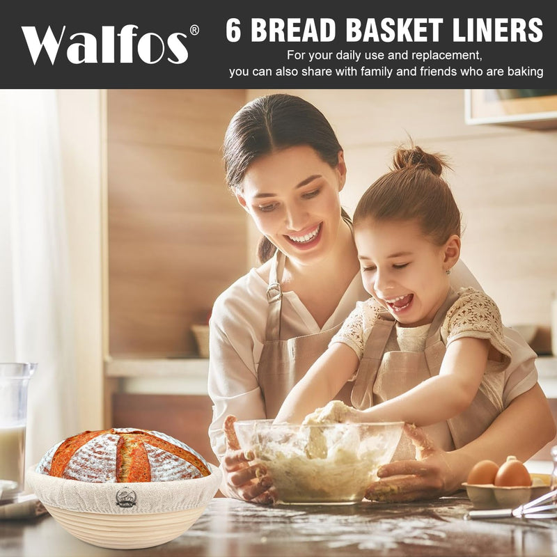 WALFOS 6-Pack Bread Basket Liner - 9 Round Banneton Cloth for Bread Proofing