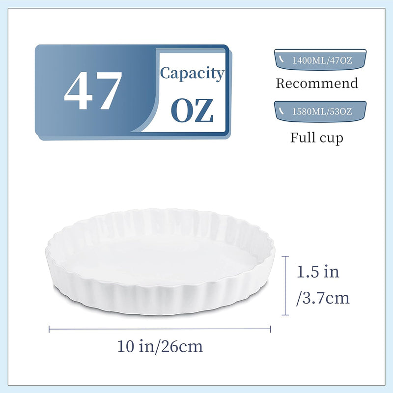 LOVECASA 10 Inch Porcelain Quiche Baking Dish - Non-Stick Tart Pan with Ruffled Edge MicrowaveDishwasherOven Safe White