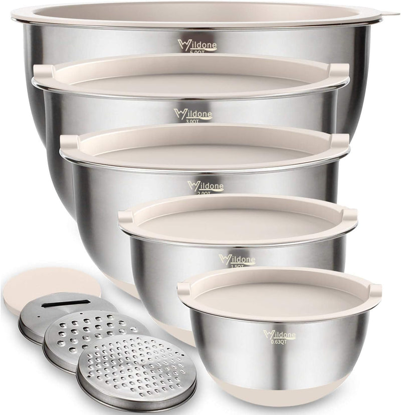 5-Piece Stainless Steel Mixing Bowls Set with Airtight Lids Grater and Non-Slip Bottoms