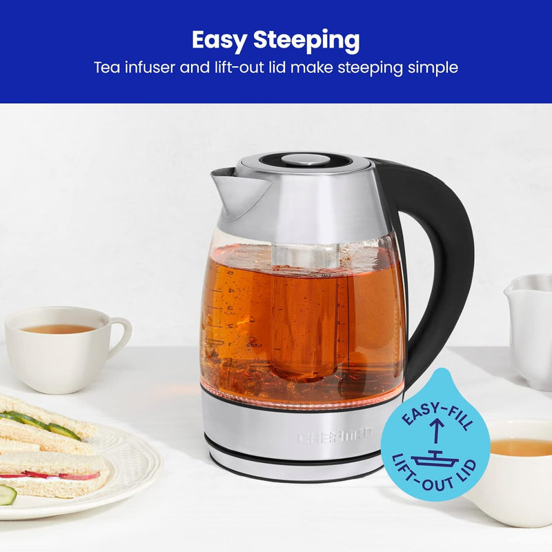 Chefman 1.8L Digital Electric Glass Kettle+ w/ Rapid-Boiling & 7 Presets for Precise Temperature, Stainless Steel Tea Infuser Included, Advanced Digital Control