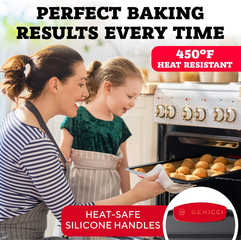 Premium Non-Stick Baking Sheet Set of 3 with Silicone Handles - Perfect for Baking Cooking and Roasting - BPA Free and Easy to Clean