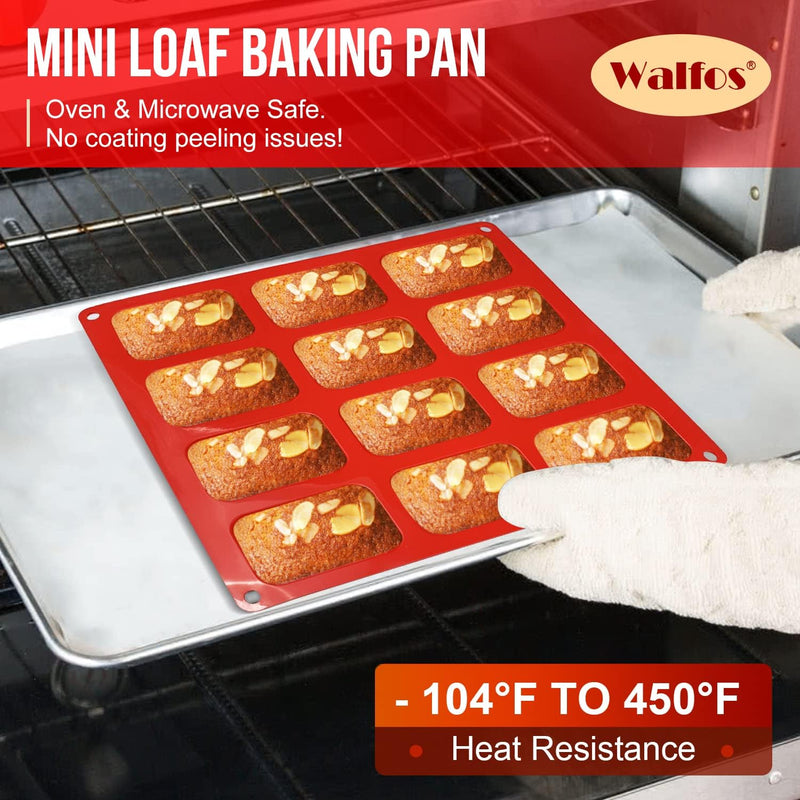 Walfos Silicone Mini Loaf Pan - 12 Cavities Non-Stick Food Grade - Ideal for Mini Bread Brownies Cornbread Cheesecake  Chocolate