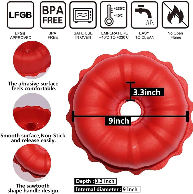 European Grade Cake Mold - Non Stick Silicone 9-inch Fluted Pan for Baking Jello Gelatin and Cakes - BPA-Free