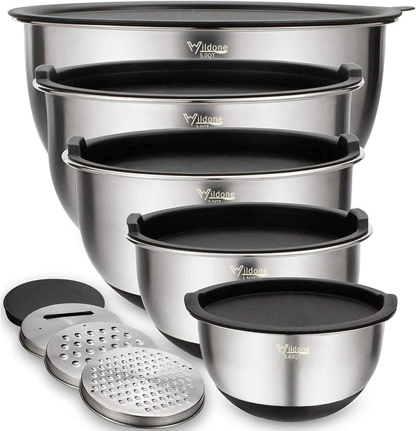5-Piece Stainless Steel Mixing Bowls Set with Airtight Lids Grater and Non-Slip Bottoms