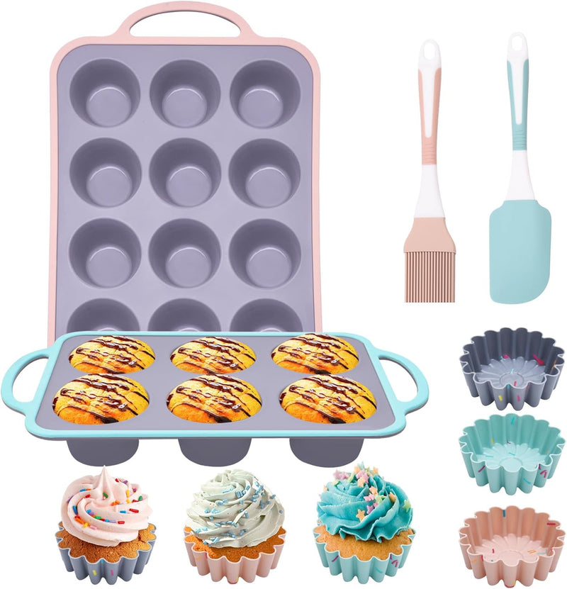 10-Piece Silicone Bakeware Set - Blue Gray with Spatulas Brush Mitts and Whisk