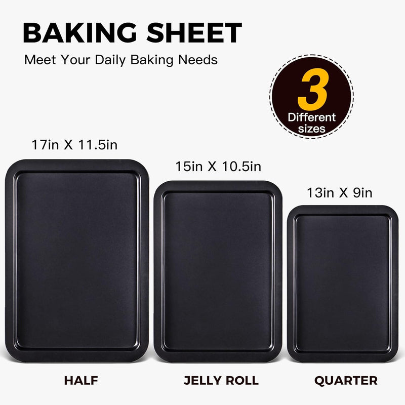 HONGBAKE Baking Sheet Pan Set - Nonstick Bakeware with Wider Grips 3 Pack Dishwasher Safe