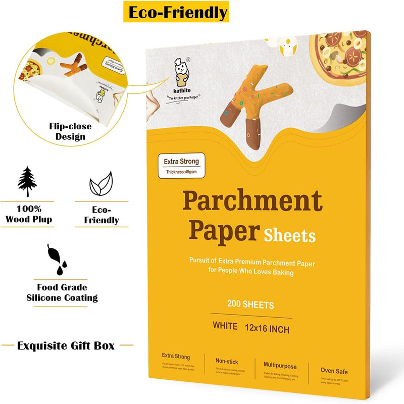 Katbite 200PCS Parchment Paper Sheets - Heavy Duty 12x16 Inch for Baking Cooking Frying Air Fryer Grilling Oven