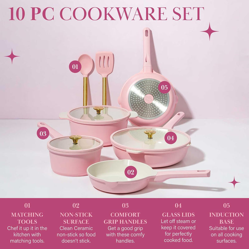 Paris Hilton Ceramic Nonstick Cookware Set - Gold Knobs Stay-Cool Handles 10-Piece Pink