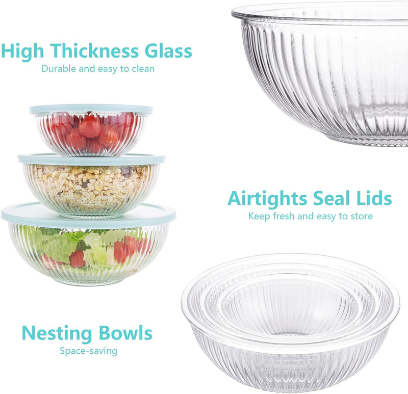 WhiteRhino Glass Mixing Bowls - Set of 3 with Lids 45QT 27QT 11QT - Kitchen Nesting Bowls for Cooking Baking Prepping - Dishwasher Safe - Large Round Salad Bowls