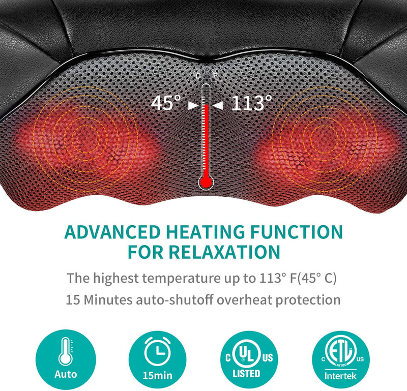 Nekteck Shiatsu Neck and Back Massager with Soothing Heat, Electric Deep Tissue 3D Kneading Massage Pillow for Shoulder, Leg, Body Muscle Pain Relief, Home, Office, and Car Use