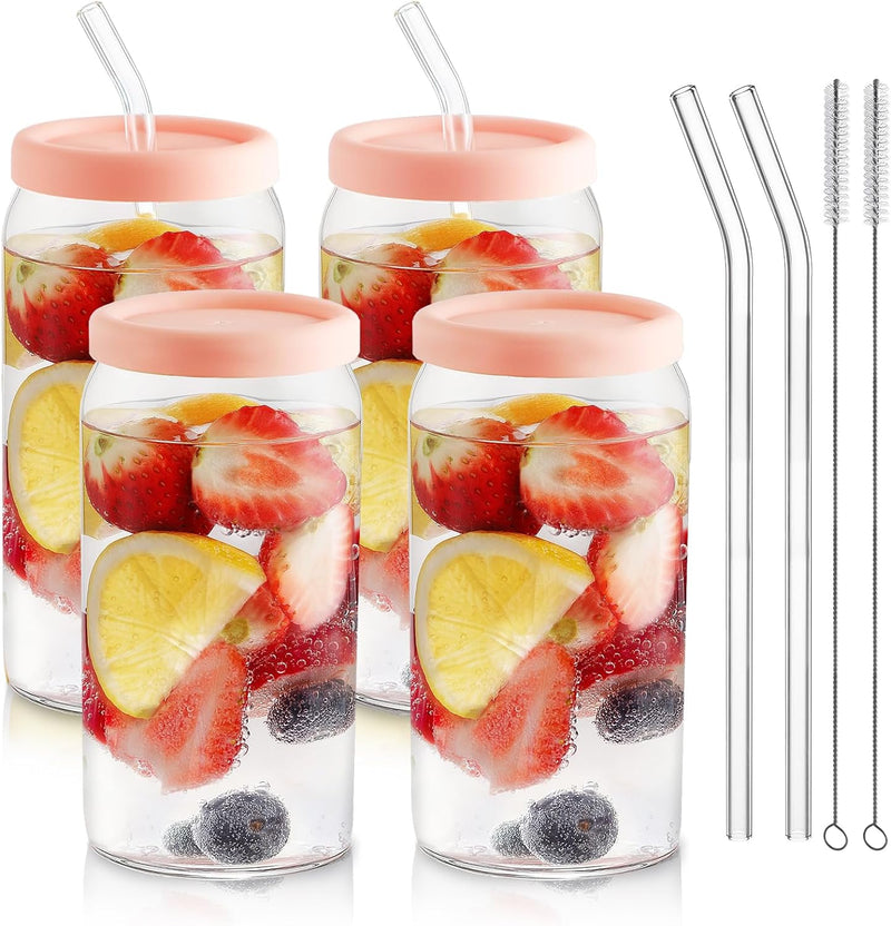 HOMBERKING Glass Cups with Bamboo Lids and Straws 4pcs Set, 16oz Can Shaped Drinking Beer Glasses, Iced Coffee Cups, Cute Tumbler Cups with 1 Cleaning Brush, Ideal for Cocktail, Whiskey, Tea, Gift