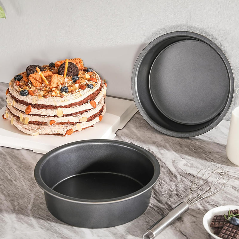 HONGBAKE 8 Round Cake Pan Set - Nonstick 2 Pieces - Dishwasher Safe  Heavy Duty Grey