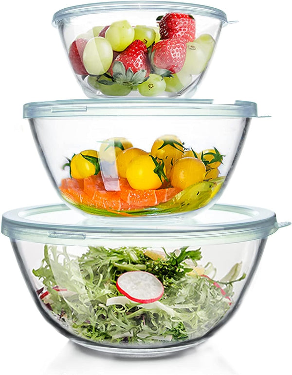 WhiteRhino Glass Mixing Bowls - Set of 3 with Lids 45QT 27QT 11QT - Kitchen Nesting Bowls for Cooking Baking Prepping - Dishwasher Safe - Large Round Salad Bowls